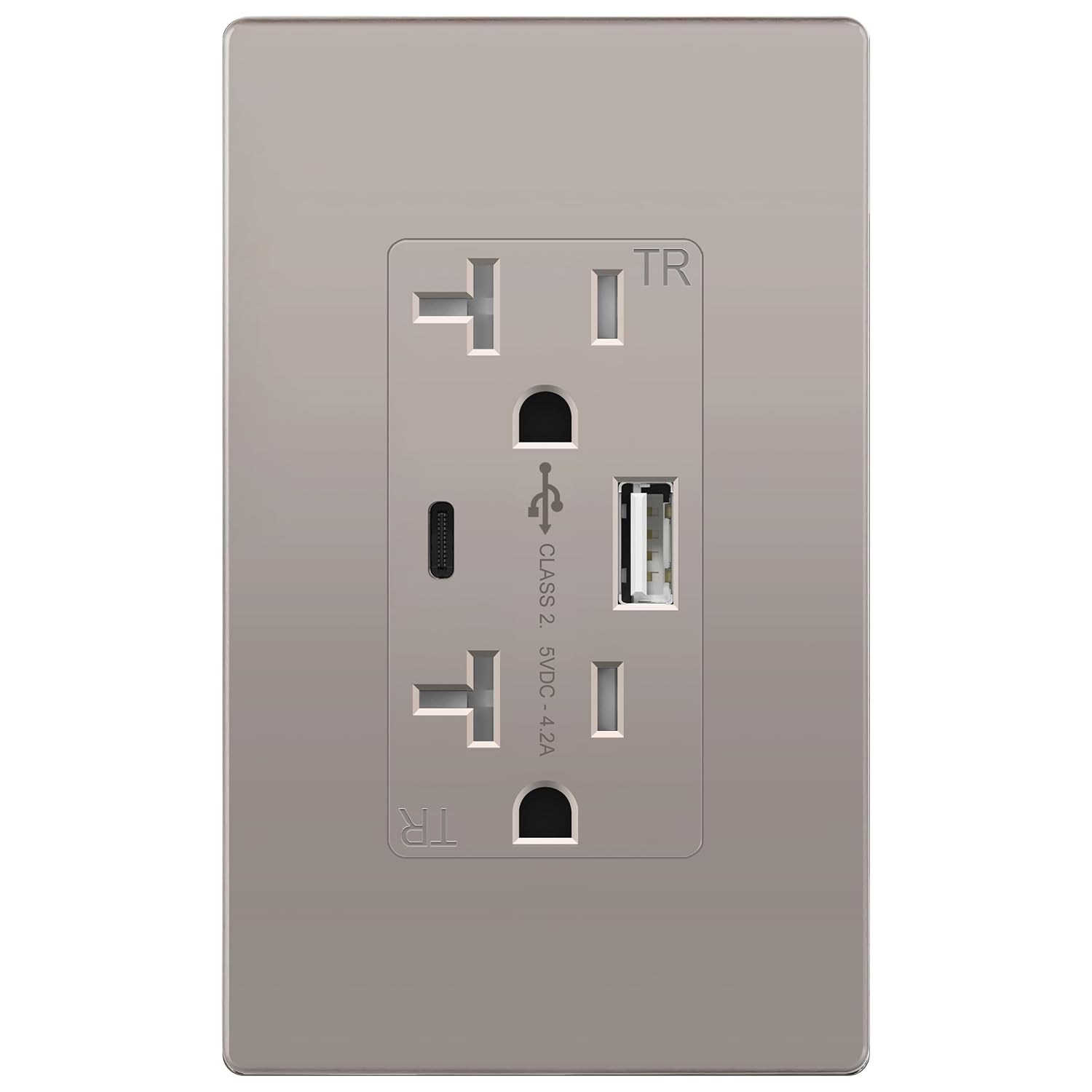TOPGREENER 2-Port USB Outlet, 4.2A Type C USB Wall Outlet, Nickel, 1 Pack