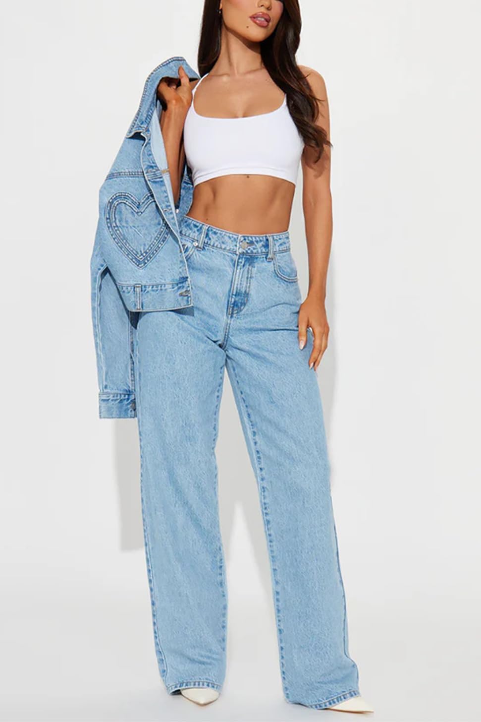 Women's High Waist Sweet Straight Leg Jeans Heart Pockets Trendy Casual Loose Boyfriend Denim Pants