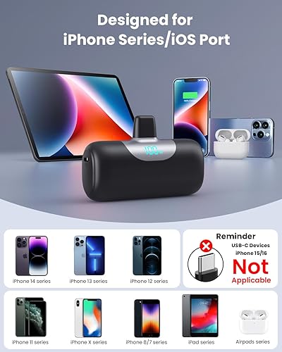 Miniatura 3 de Mini Portable Charger for iPhone,Upgraded 22.5W PD Fast Charging 5500mAh Ultra-Compact Power Bank,LCD Display Plug-in Cute Battery Pack Travel