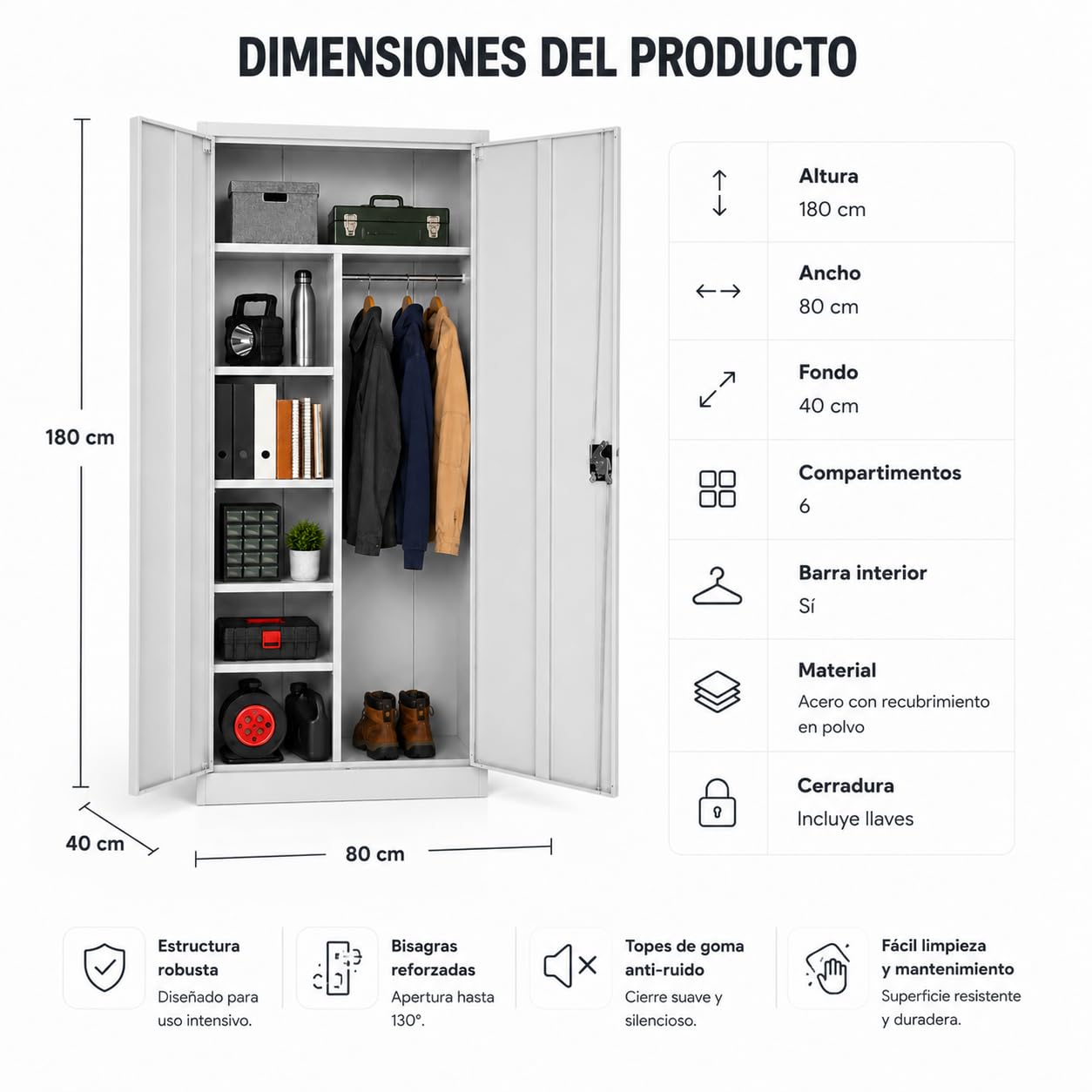 Armario Metálico Gris con Cerradura – Armario de Almacenamiento Multiusos con Puertas Dobles, Gran Capacidad y Diseño Resistente para Oficina, Hogar y Archivo (Gris, con Barra)