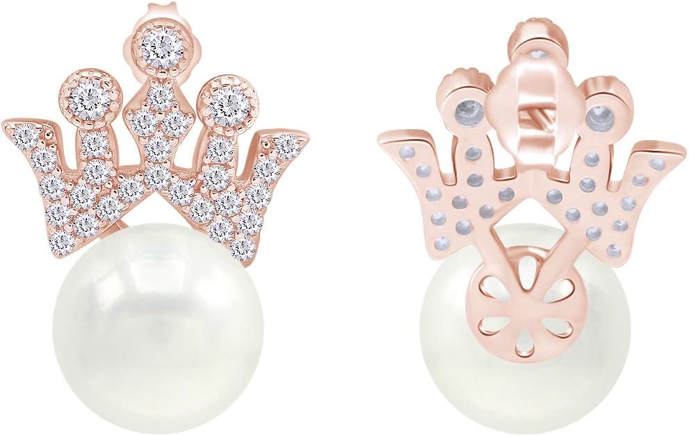 925 Sterling Silver Simulated Freshwater Culture Pearl 10mm Cubic Zirconia Princess Royal Tiara Crown Stud Earrings for Women