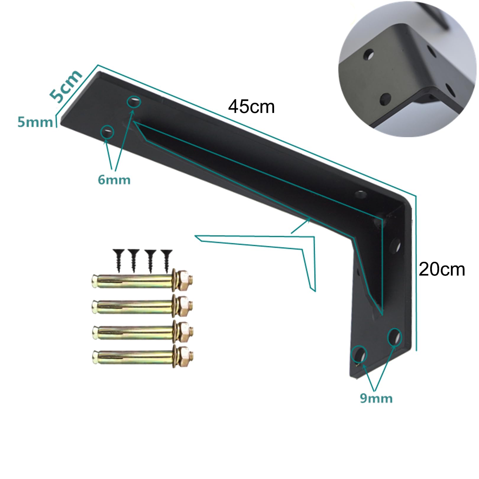 2x Soportes para Estantes Pesados,Escuadras para Estanterias de Metal,5 mm Grosor,Soporte para Estanterías Triangulares de 90 Grados Angular para Cocina Libros,con Tornillos (45cm,Negro)