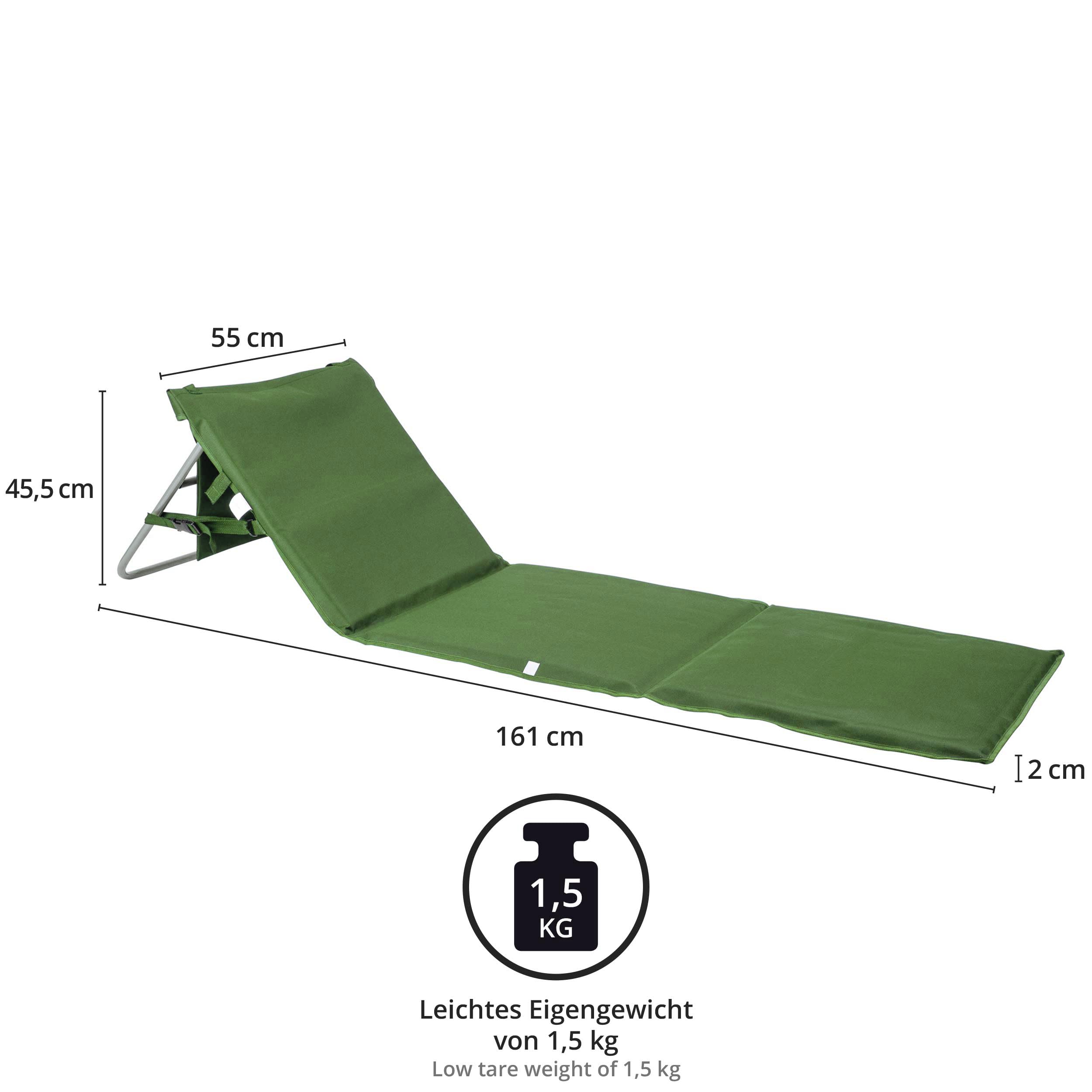 ONVAYA Tapis de plage de qualité supérieure kaki 2 cm rembourré avec dossier | Chaise longue de plage pliable | Matelas de plage bleu foncé | Tapis de soleil avec sangle de transport | 161 x 55 x 45