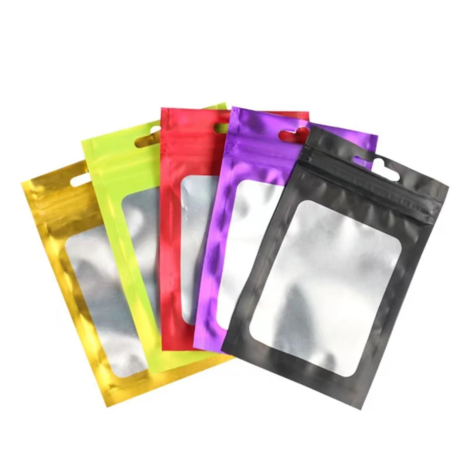 Sacchetti Ziplock, 100 pezzi Zip Lock Sacchetto di alluminio colorato con foro for appendere Finestra trasparente opaca Chiusura lampo autoadesiva Tacca a strappo Confezione alimentare riutilizzabile(