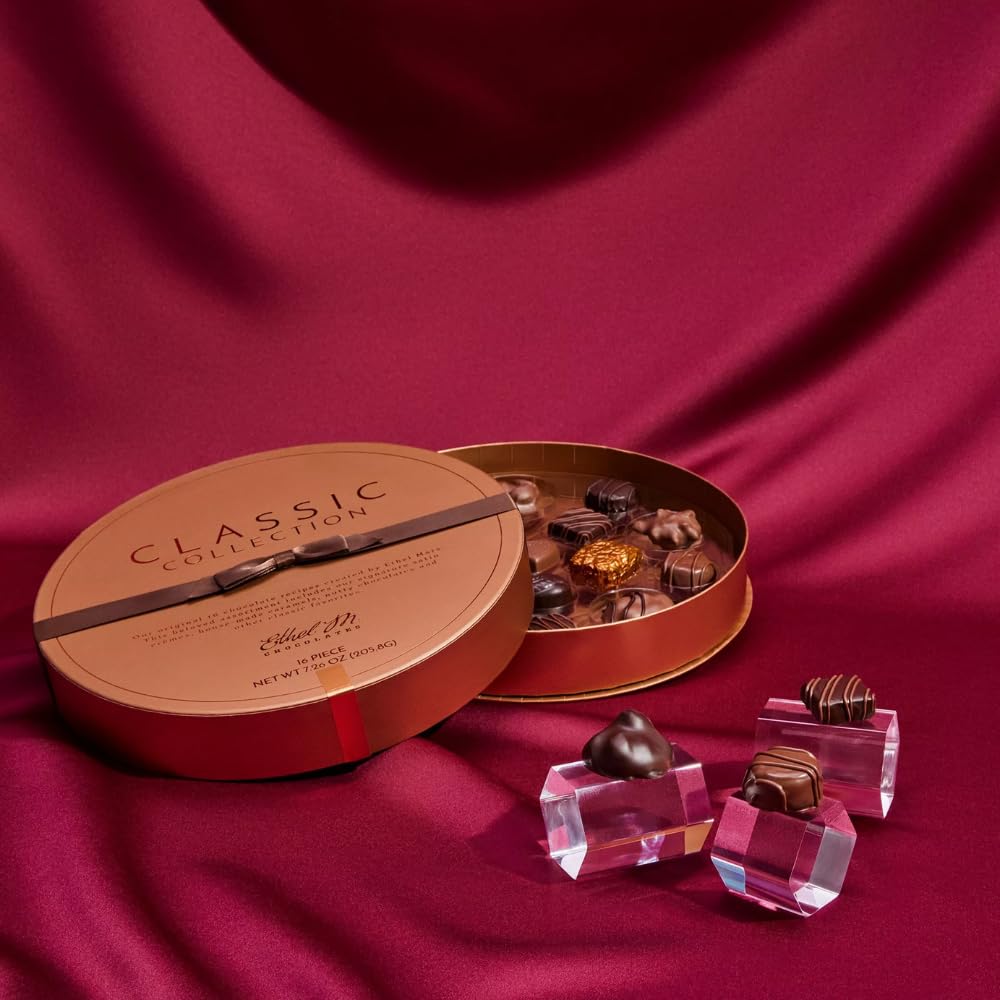 Ethel M Chocolates Classic Collection 16 Piece Premium Milk and Dark Chocolate Assortment in Round Copper Gift Box - Chewy Caramel, Macadamia, Pecan, Almond, Vanilla