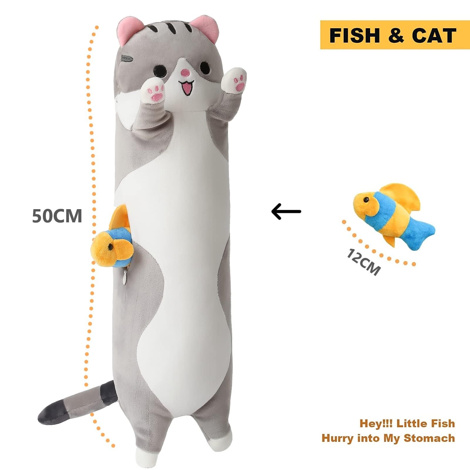 Oreiller Peluche Chat Shownicer - Jouet Câlin 110cm Gris | Décoration Chambre, Cadeau Enfant