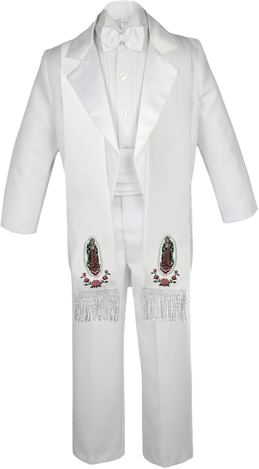 6pc Baby Toddler Boy Tail Baptism Guadalupe White Tuxedo Suit Mary Stole Sm-20