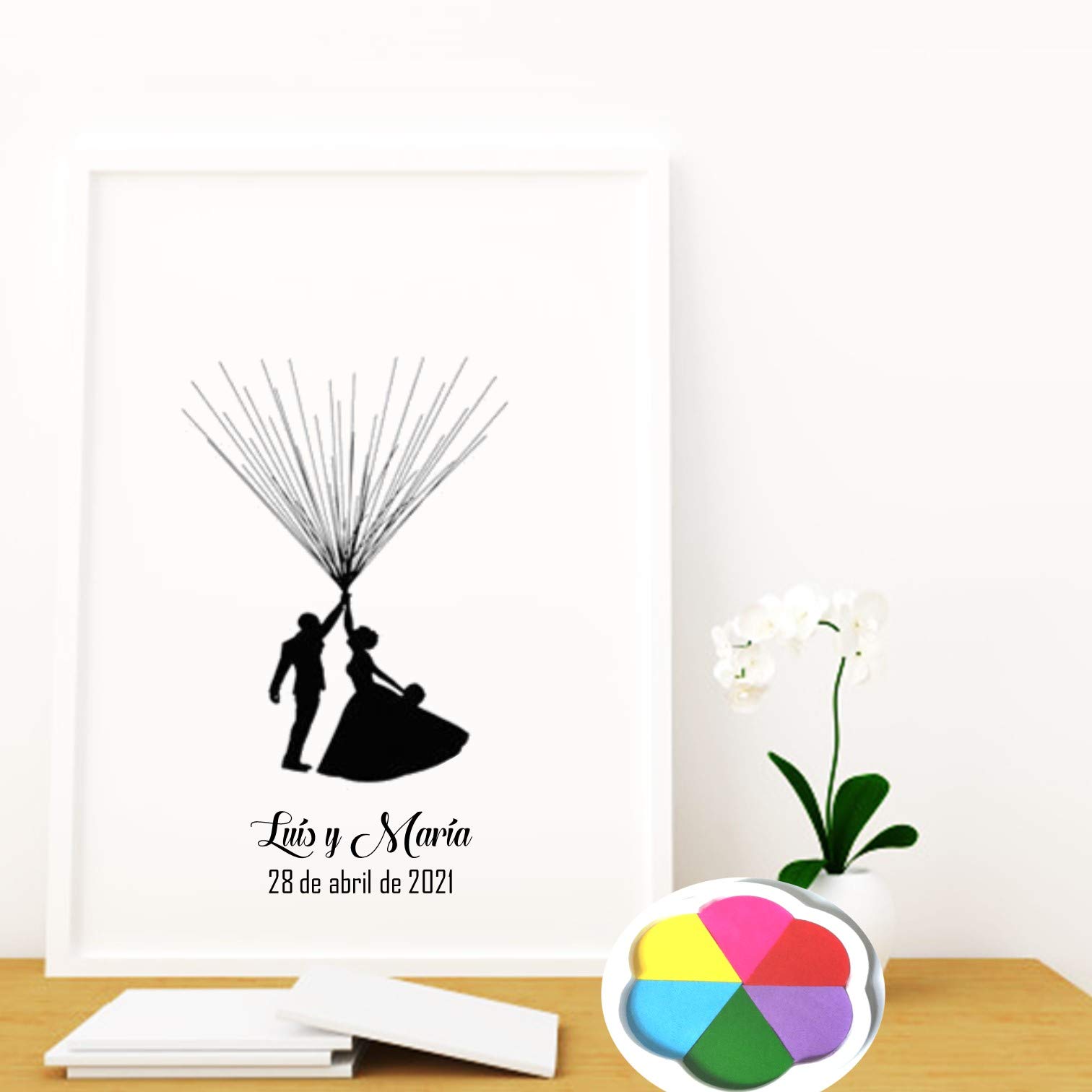 Didart Handmade Libro de Firmas Bodas - Encantador Cuadro Arbol Huellas para Boda con Marco y Tintas Incluidas, Tamaño A3 Novios Que Buscan un Libro de Firmas Boda Único