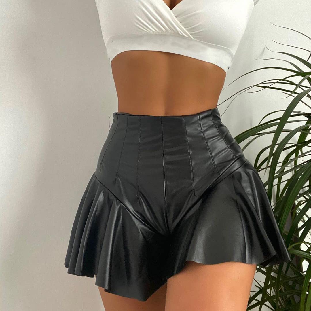 Black Leather Shorts for Women: Faux Leather Mini Skirt Skort Gothic Shorts Punk Dance Hot Pants Booty Pants High Waist A Line Ruffles Steampunk Skirts Bodycon Rave Bottoms Festivals Clubwear L