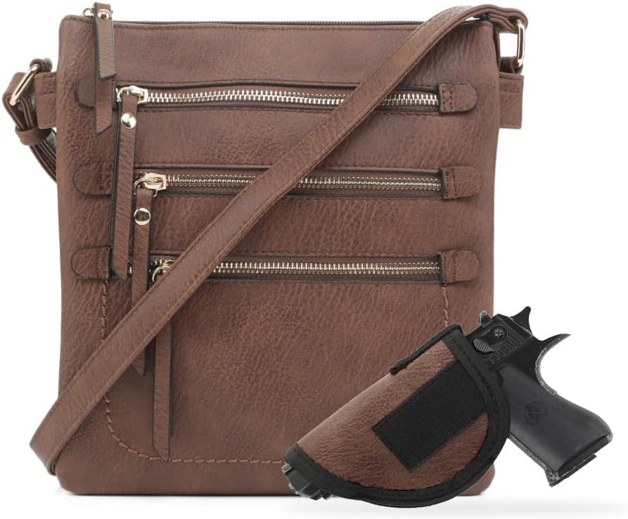 JESSIE & JAMES Double Compartment Multi-Zipper Triple Zip Pockets Concealed Carry Crossbody Bag with Lock and Key