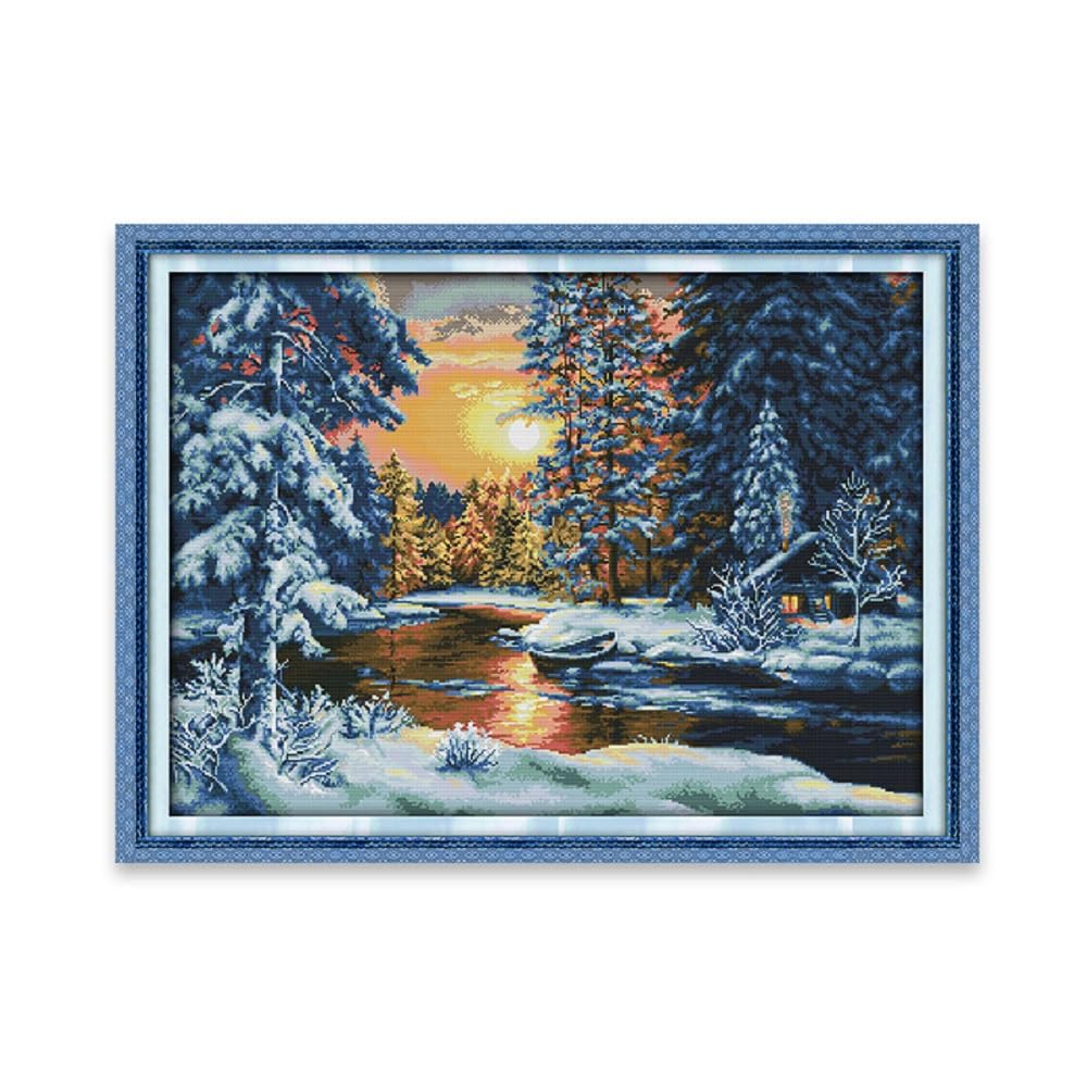 Rosyfoxes Cross Stitch Kits Stamped Full Range of Embroidery Starter Kits for Adult DIY- Printed kit Sunset Snow(Printed) 14ct 2-Strands 29.1×22 inches