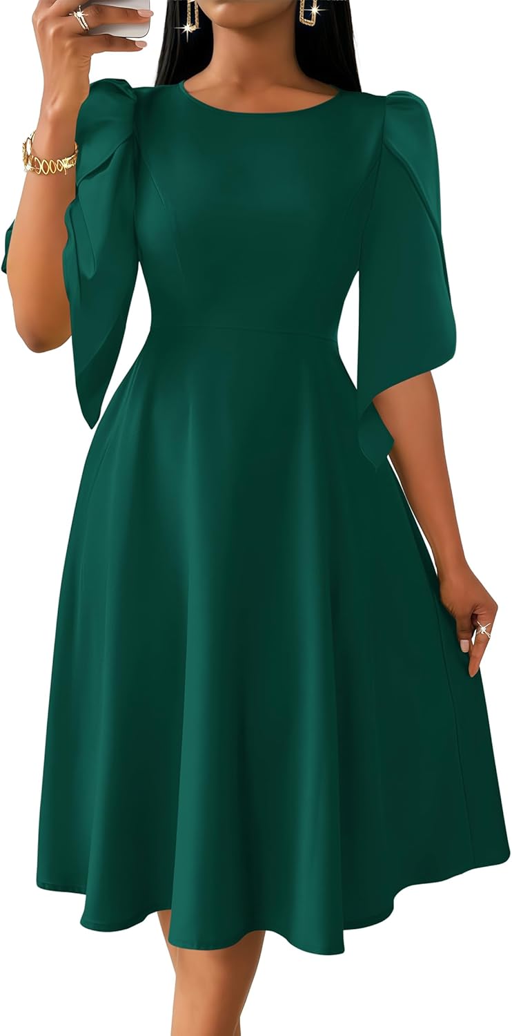 Yajedo レディース 3/4 花びらスリーブ ミディドレス Aライン カジュアル クルーネック スイング カクテルパーティー ウ