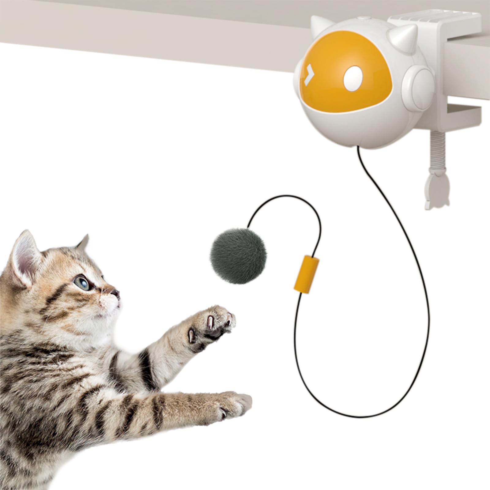 YounBeauty Automatic Cat Toys Ball Lifting Retracting Cat Toy with Feathers, ABS Plastic Nylon Rope, 20”Stretch, No Drill Installation for Indoor Use