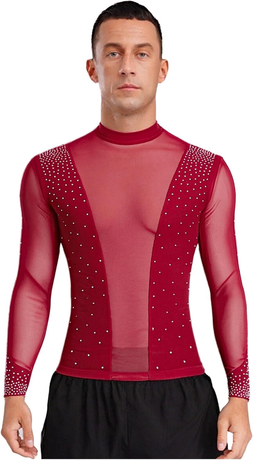 ACSUSS Mens Ballroom Latin Dance Top Sheer Mesh Patchwork Long Sleeve Ballet Chacha Tango T-Shirt Stage Blouse