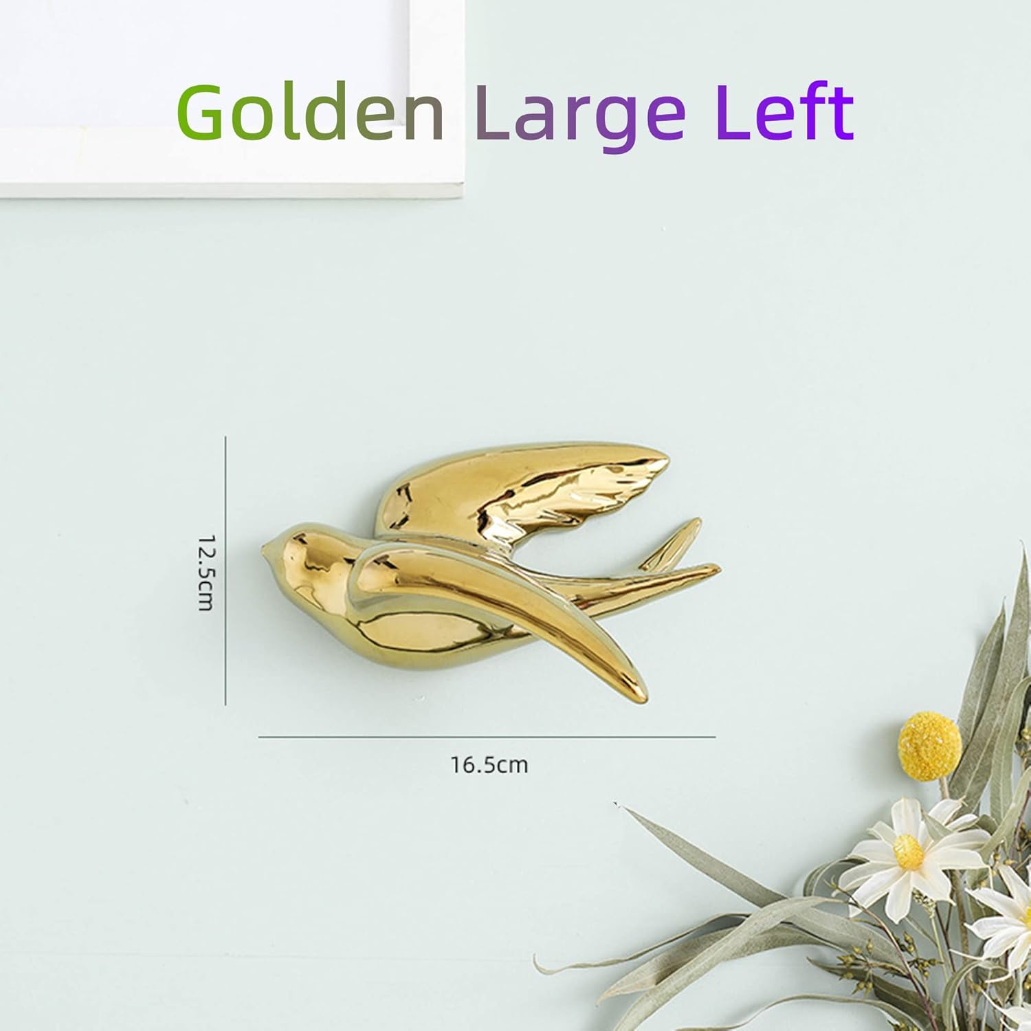 3D Flying Birds Wall Decor Hanging Bird Ceramic Sculpture Wall Mounted Home Decoration for Bedroom Living Room Garden,Golden Left,Large