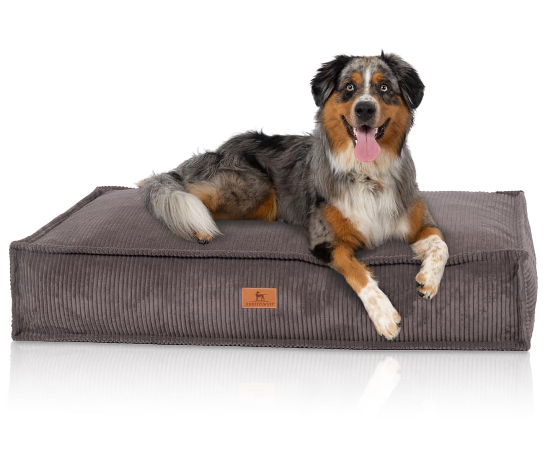 Knuffelwuff Coussin pour Chien Lesedi en Velours côtelé Aspect tissé Main 120x80cm Gris-Marron - Housse Amovible - Lavable - pour Grands, Moyens et Petits Chiens