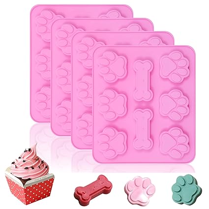 4 Pcs Puppy Dog Paw & Bone Shaped 2 in 1 Silicone Molds, 8 Cavity Silicone Molds, Dog Treat Molds for Baking Chocolate, Candy, Jelly, Ice Cube, Dog Treats