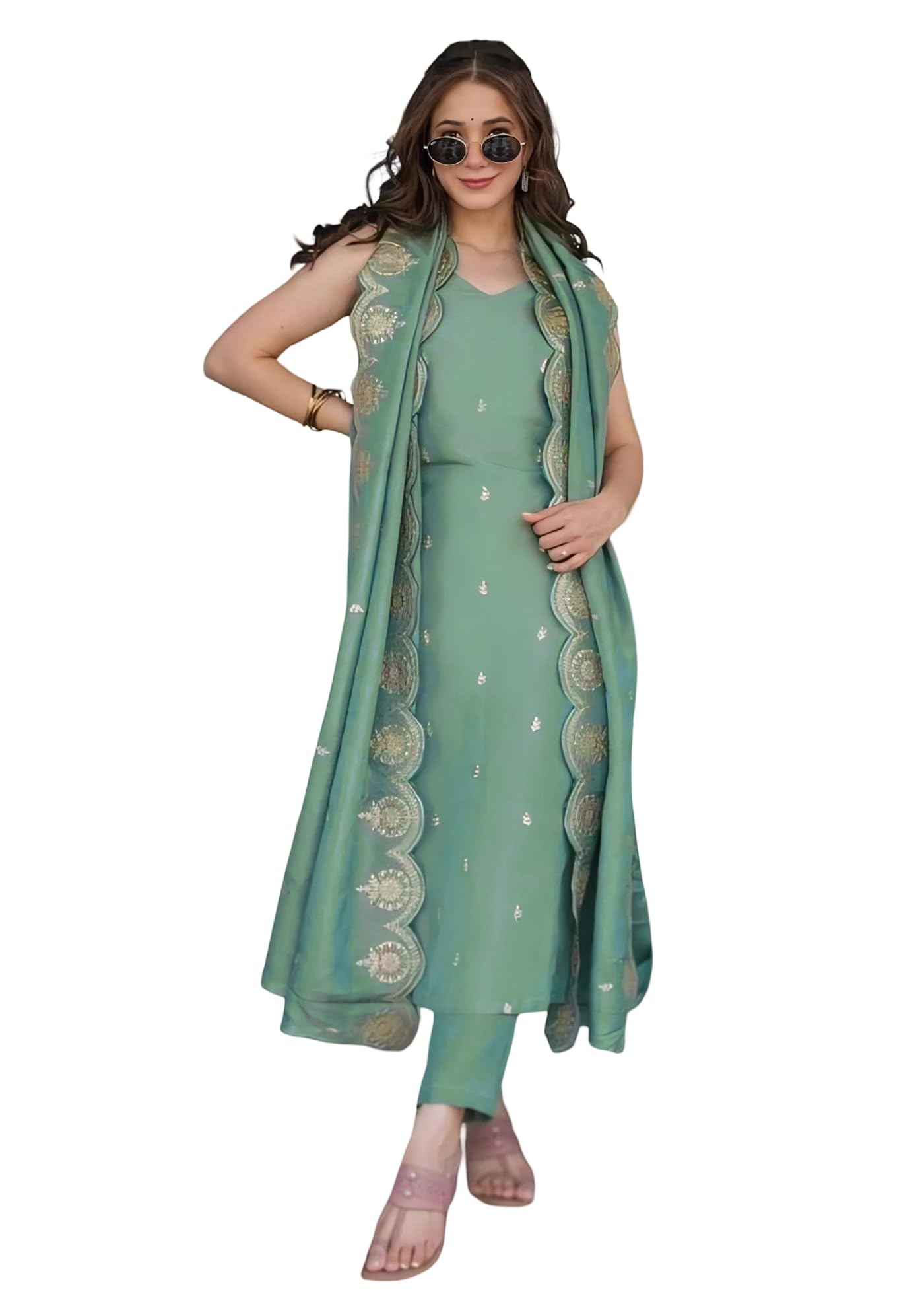 kedarfab Women's Cotton Blend Embroidered Sleeveless Kurta Pant With Dupatta Set-picture-27