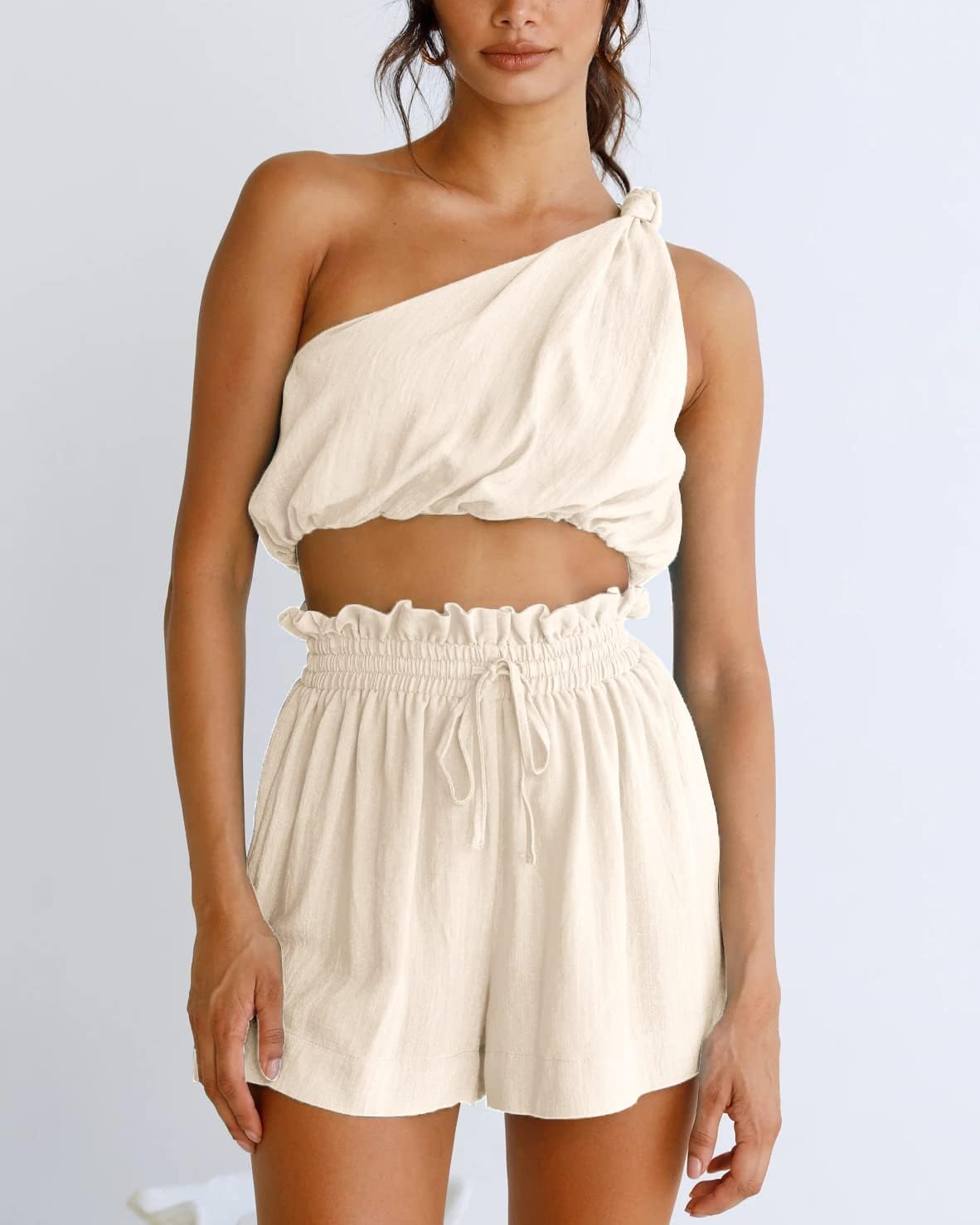 Imily Bela Womens 2 Piece Outfits Linen Matching Sets Two Piece Crop Tops and Paper Bag Waist Shorts Sets 2025 Summer Outfits - Image 3