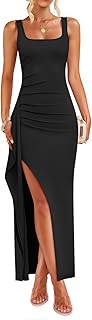 Women's Sleeveless Formal Maxi Dresses 2025 Summer Ribbed Square Neck High Split Party Bodycon Long Dress