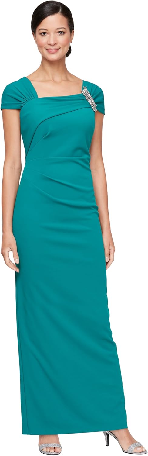 Alex Evenings Women's Long Crepe Mother of The Bride Dress with Ruched Asymmetric Neckline & Embellishment, Formal Events