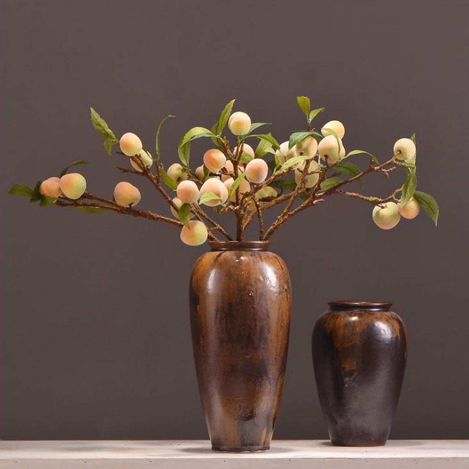 2Pcs Artificial Peach Tree Branches, Faux Fruit Realistic Fruit Bouquet Fake Peach Stem for Vase Kitchen Display Home Wedding Decoration