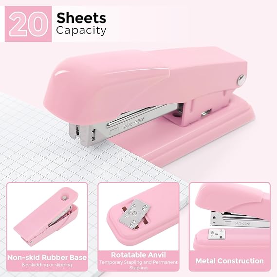 SKYDUE Pink Stapler and Tape Dispenser Set, Pink Office Desk Accessories