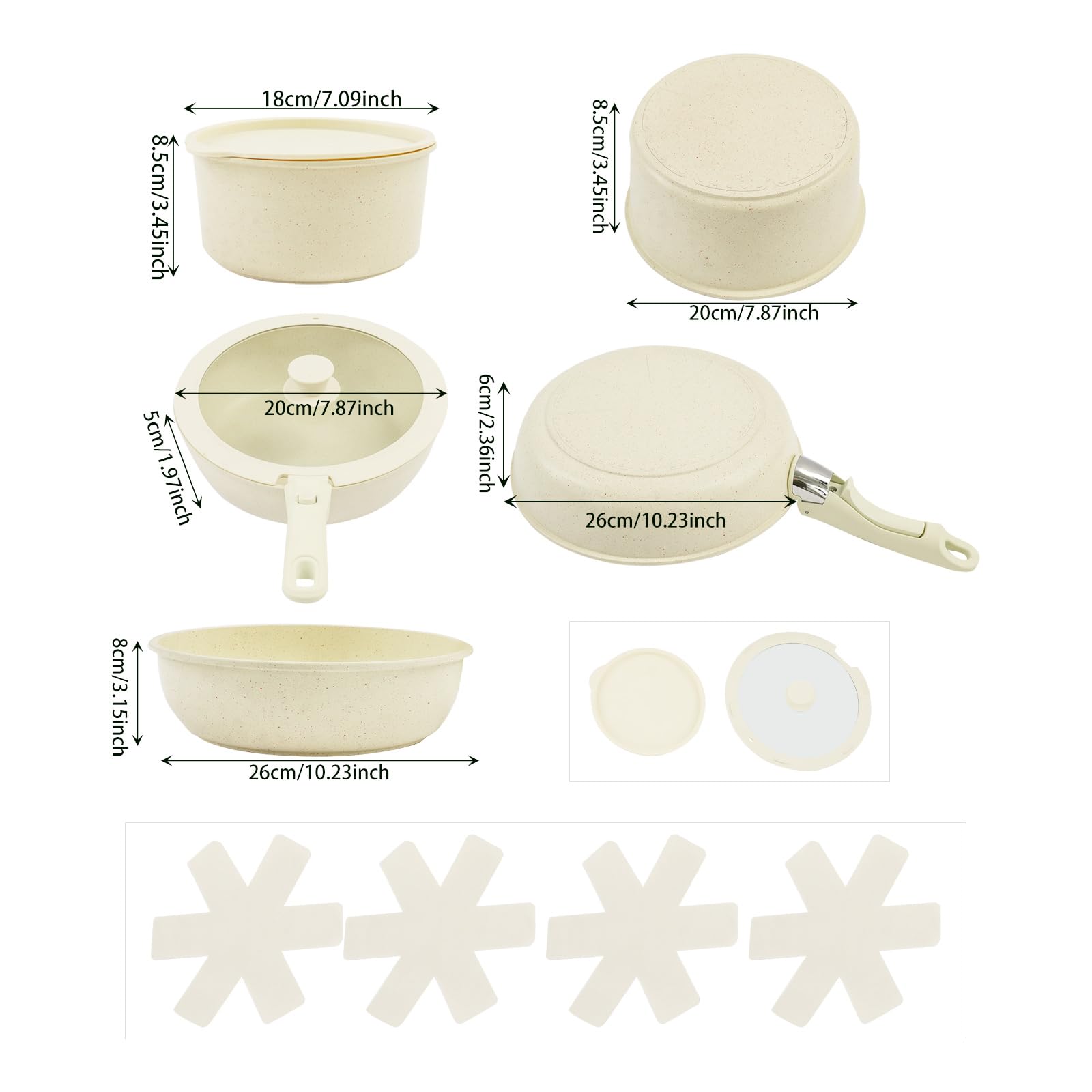 15-Teilig Kochgeschirr-Set,Antihaft Pfanneset Vielseitiges Topf＆Pfannensets mit Abnehmbarem Griff Tragbar Töpfe und Pfannen Kochtopf Set für Küche (Beige)