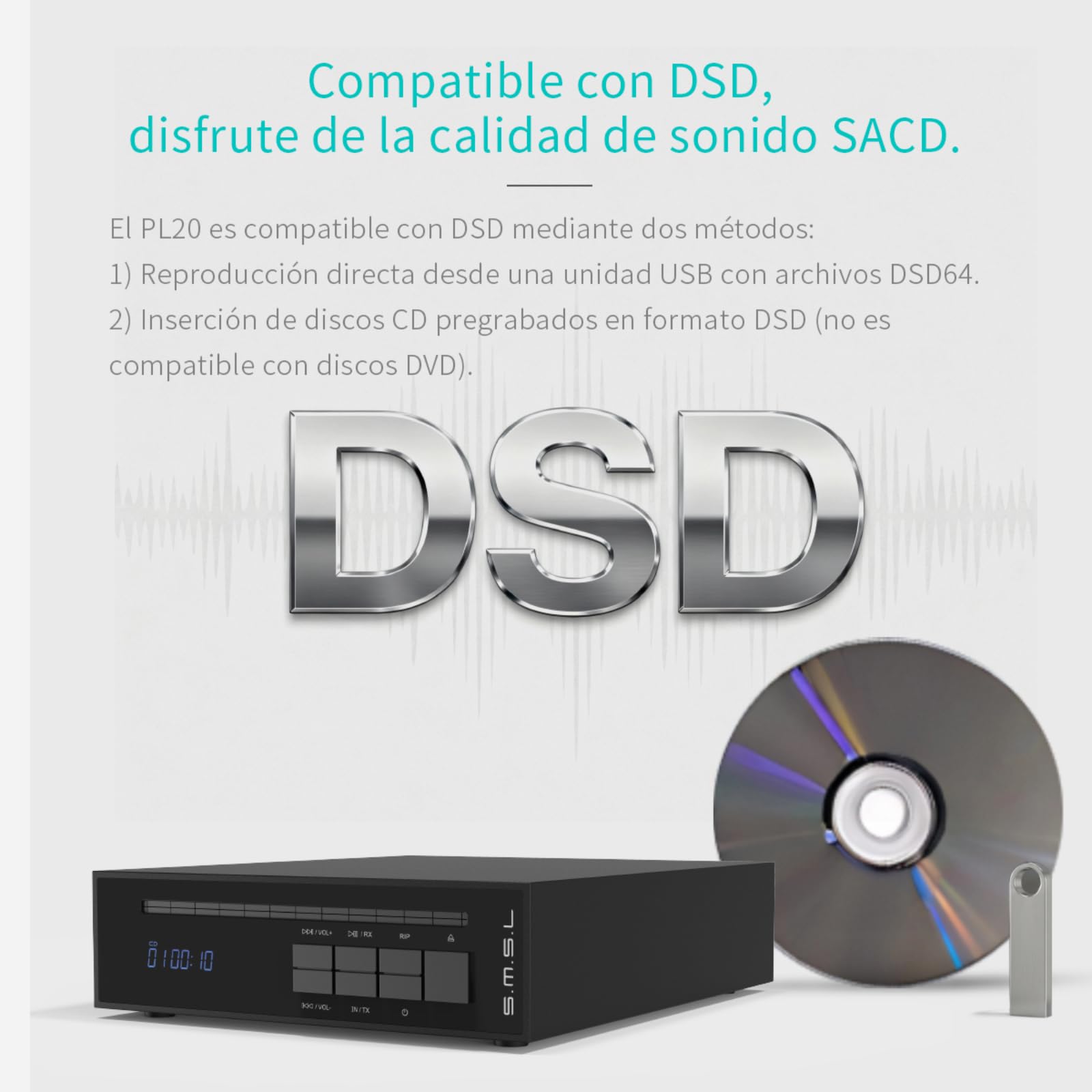 SMSL PL20 Reproductor de CD HiFi para Casa, con Función de Ripping de CD, Bluetooth para Auto, 2 chips CS43131, Entrada USB/Bluetooth, Salidas RCA/BT/3,5 mm/4,4 mm Balanceada/Óptica Digital/Coaxial