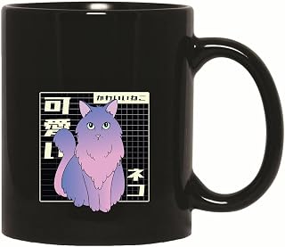 Vaporwave Cat Gift for Pet Lovers Fluffy Cat in Vaporwave Style 11oz 15oz Black Coffee Mug