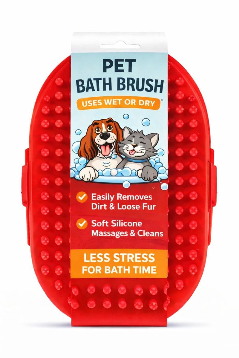 Dog & Cat Bath Brush – 2 Pack Handheld Silicone Soft Rubber Grooming Bristles for Wet & Dry Use – for Shampoo – Pet Brush for Small & Large Pets (Red)