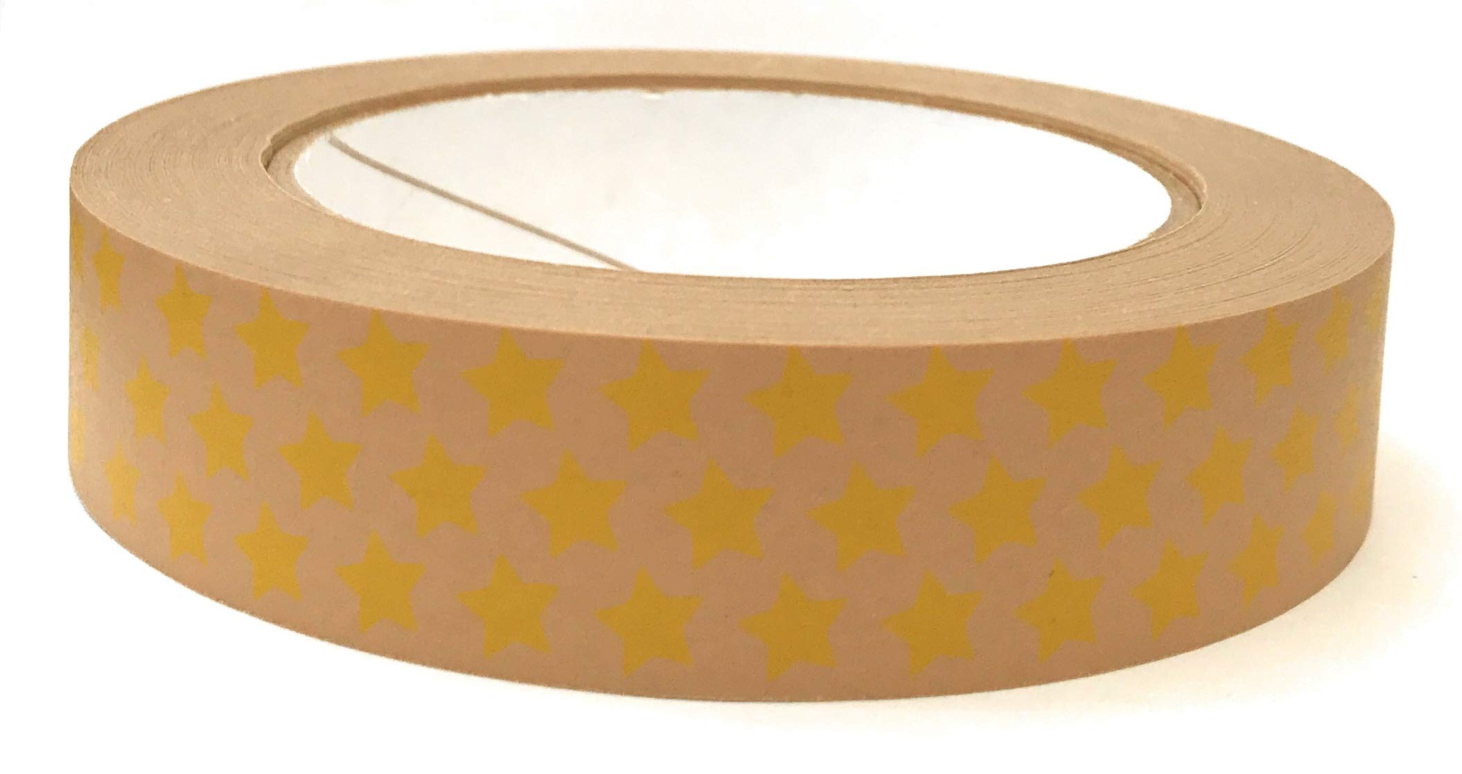 ECO BOY Kraft Paper Tape Self-Adhesive Yellow Star inspired Design 24mm x 50M Fully Recyclable Eco-friendly Ideal for Packaging Presents Boxes Made in the UK
