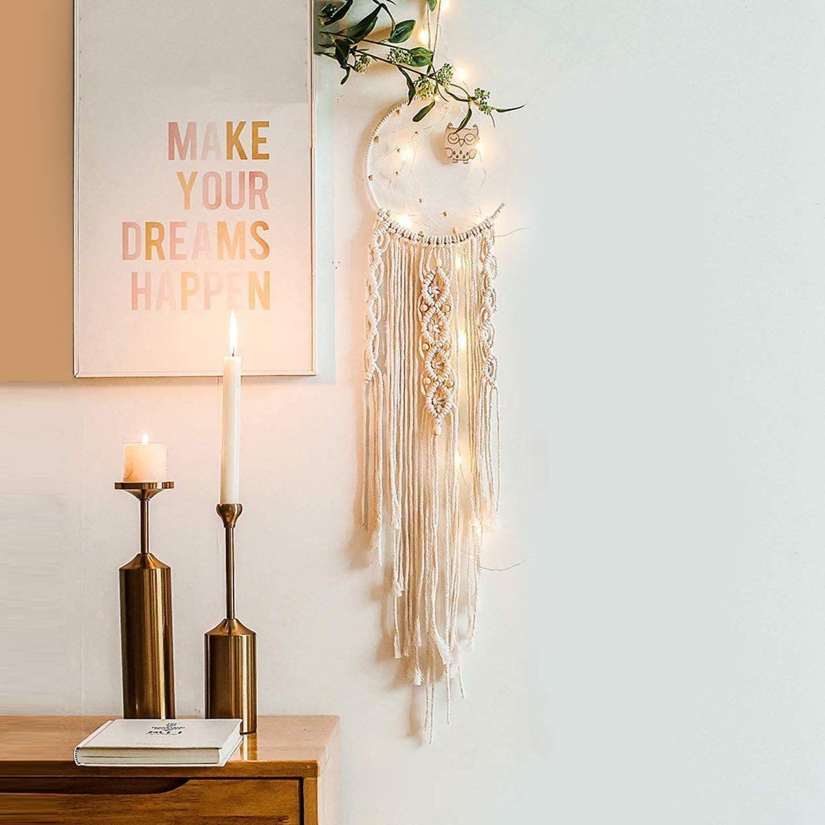 2 Acchiappasogni In Macramè Con Luci LED - Fatti A Mano, Bohémien Con Piume, Per Camera Da Letto, Matrimoni, Regalo