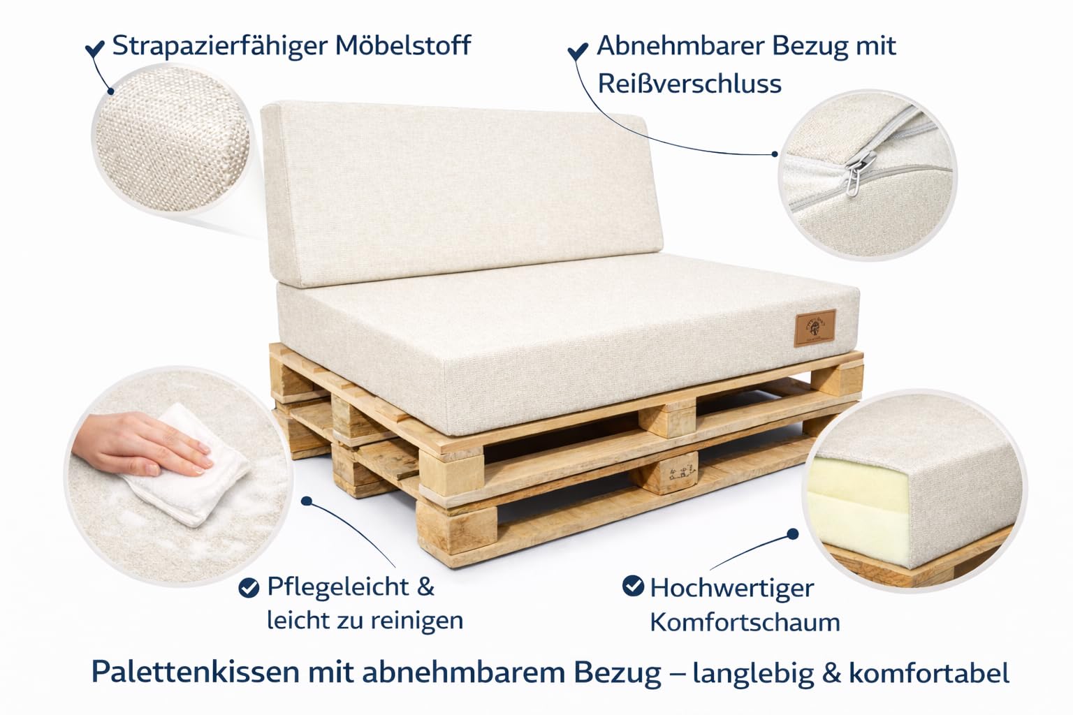 Odolplusz ODOL-PLUSZ Lot de 2 coussins pour palettes, avec housse amovible, coussin d'assise pour palettes européennes 120 x 80 cm, dossier 120 x 40 cm, beige clair
