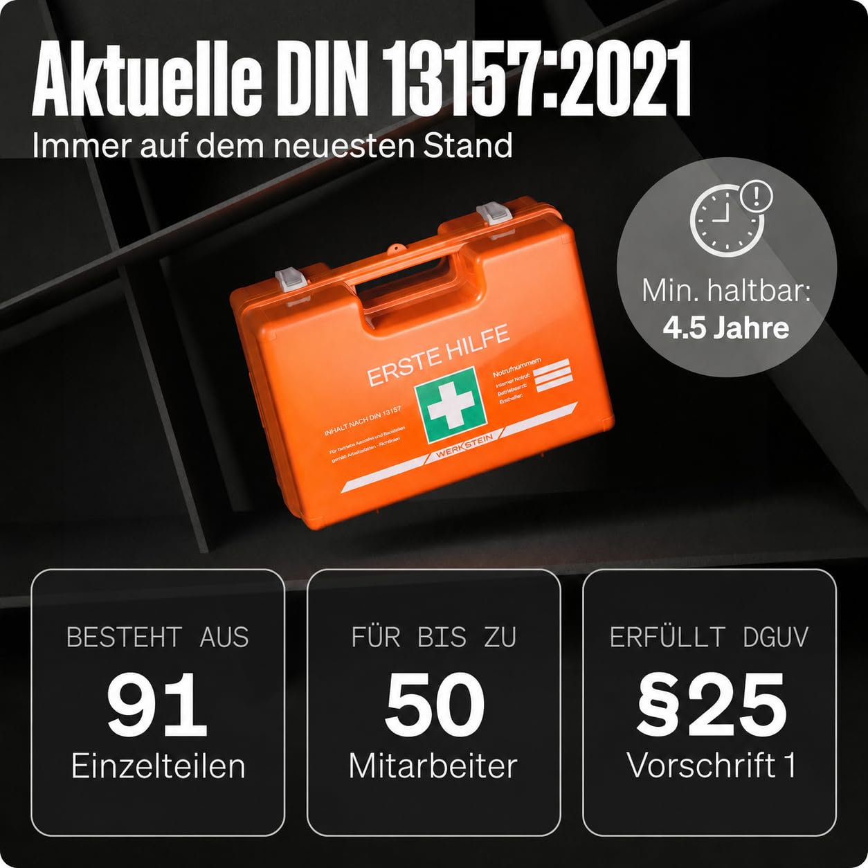 WERKSTEIN® Erste Hilfe Kasten DIN 13157:2021 inkl. Wandhalterung Verbandskasten Betrieb Büro Zuhause Set