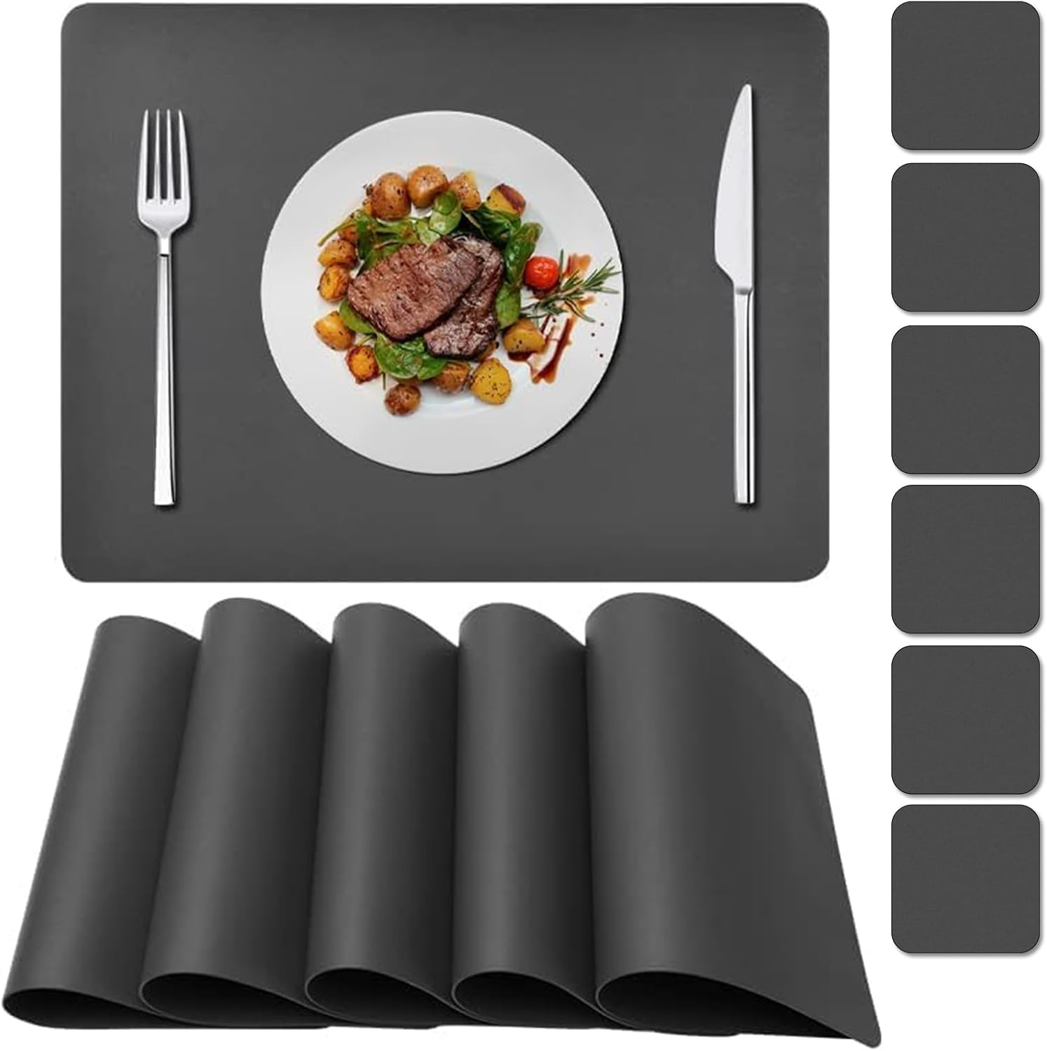 Oinvs Grey Placemats and Coaster sets 6，Square Leather Placemats