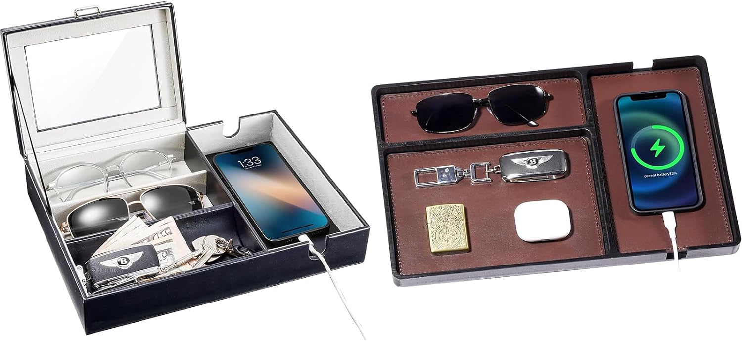 ProCase 1 Layer Valet Tray Bundle with Wood Valet Tray with Removable Leather Pad