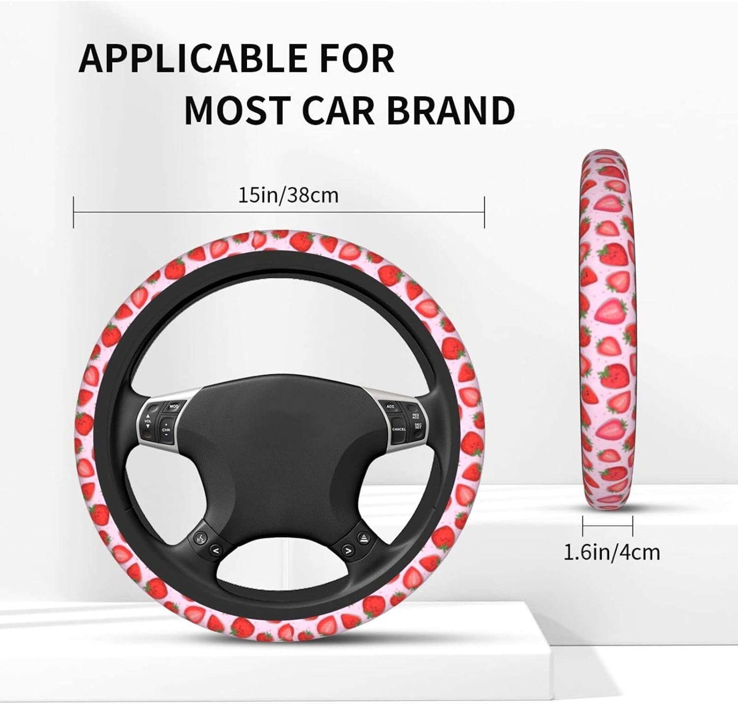 Cute Pink Strawberry Steering Wheel Cover for Women Men with 2 Pcs Car Coasters, Universal 14.5-15 Inch Rainbow Steering Wheel Covers Non-Slip Car Accessories for Girls image 4