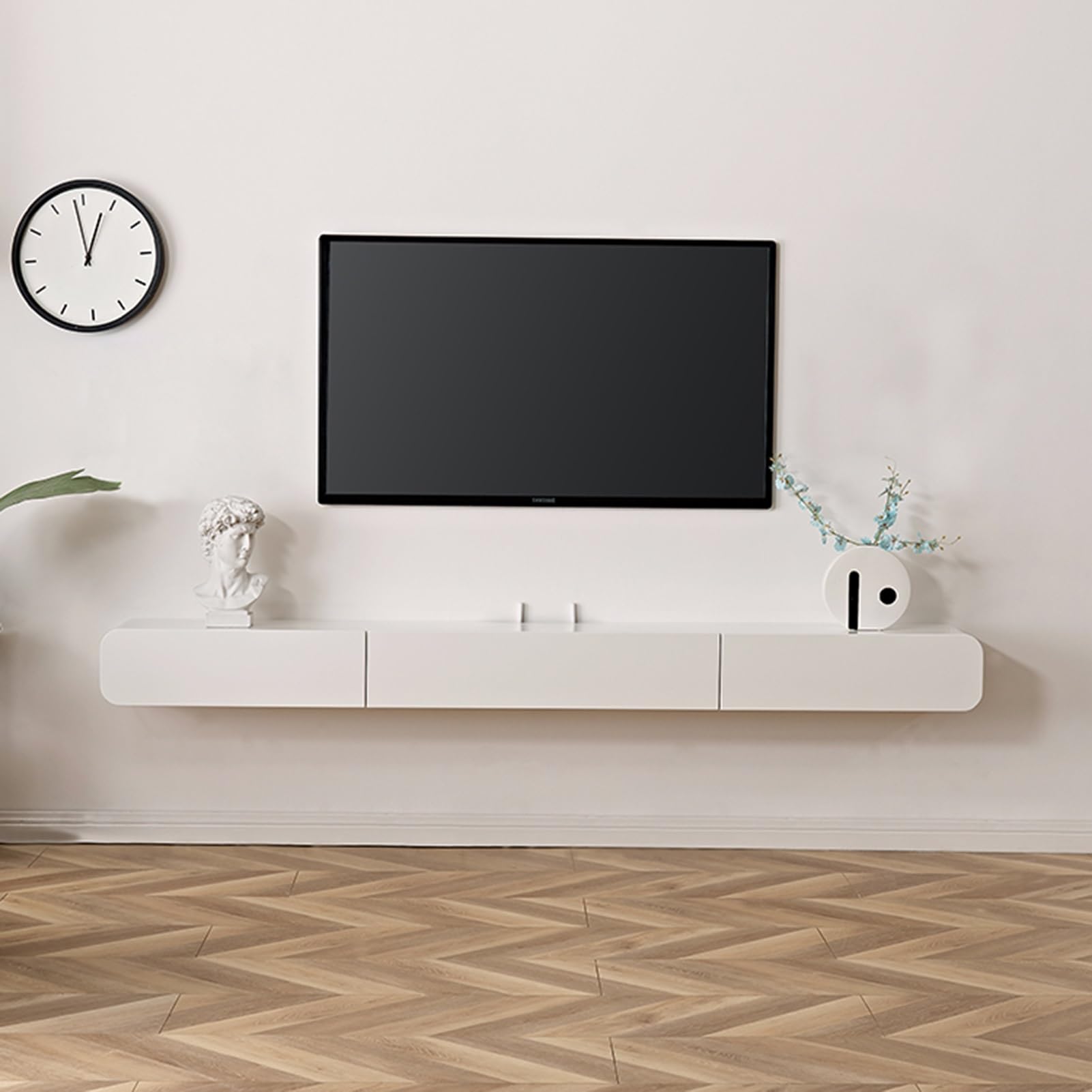 Moderner TV-Ständer zur Wandmontage mit Ablage, schwebender, glänzender Entertainment-Center-Medienkonsolentisch für das Wohnzimmer, Weiß und Gold, 200 cm