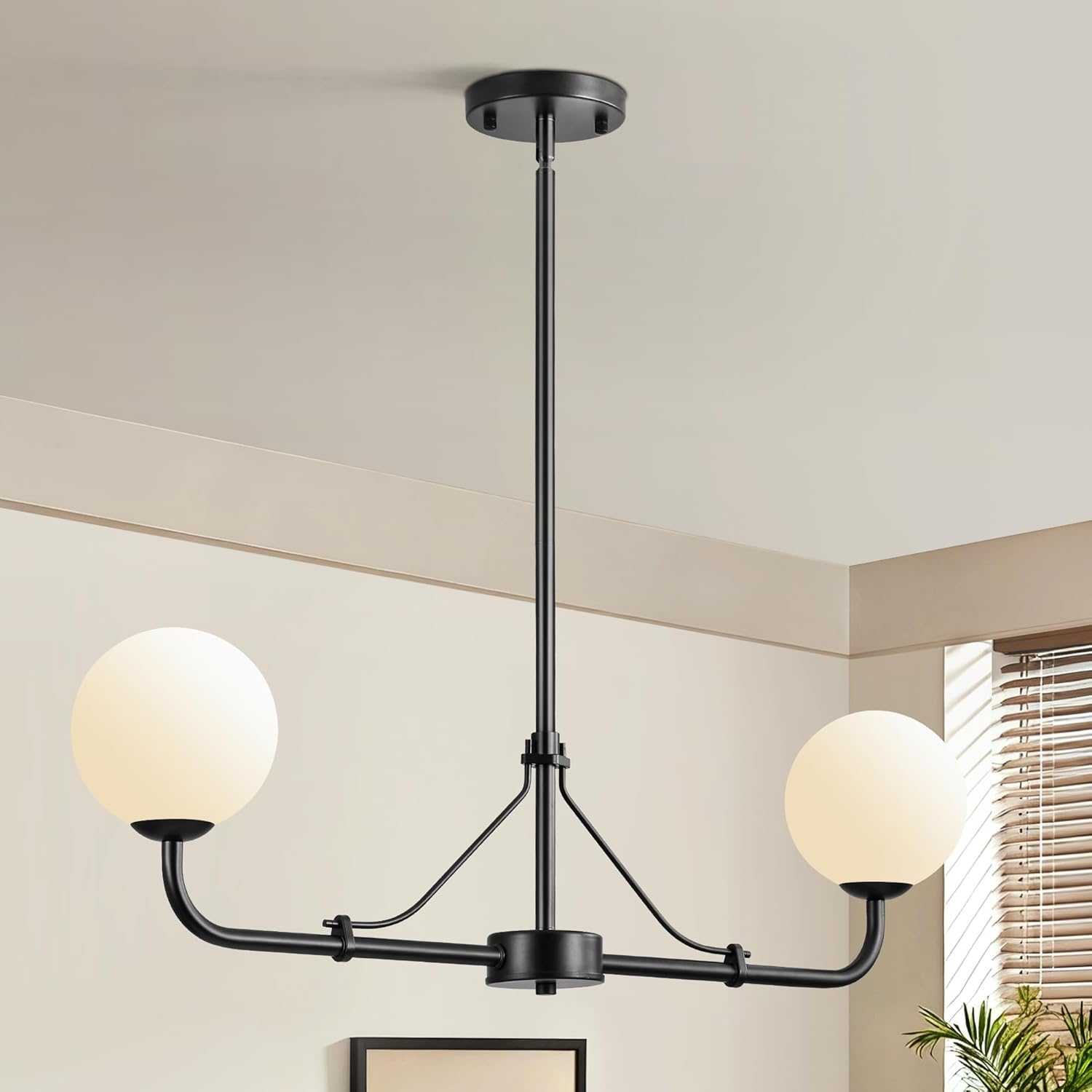 2 Lights Black Linear Chandelier, Mid Century Modern Kitchen Island Lighting, Dining Room Light Fixtures Over Table Hanging, Milk White Globe Glass Shade