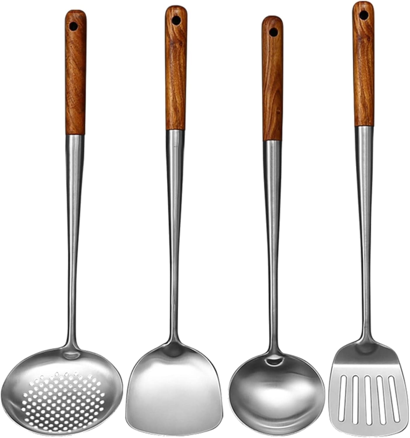 Juegos de utensilios de cocina Juego de utensilios de cocina, juego de utensilios de cocina, espátula wok de acero inoxidable con mango largo, espátula ranurada, cuchara de arroz, cucharón, juego de 4