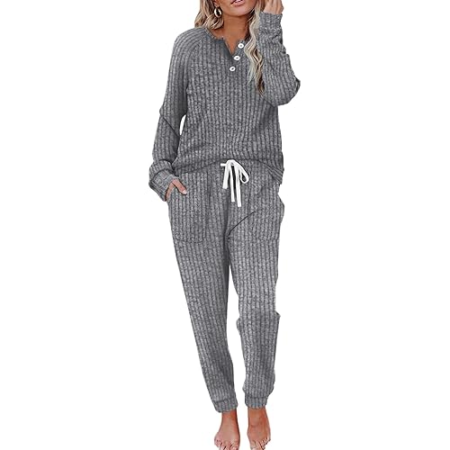 WIHOLL Two Piece Outfits for Women Lounge Sets Button Down Sweatshirt Sweatpants Sweatsuits Set with Pockets