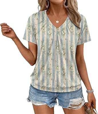 Womens T Shirts Short Sleeve Summer Tops Cute Casual Blouses 2026 V Neck Tops Fitted Floral Casual Basic Shirt Y2k