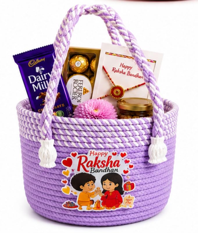 Image of BROOM Raksha Bandhan Gift Hamper Basket | Handmade Cotton Rope Storage Basket with Handle | Decorative Organizer for Chocolates, Dry Fruits, Return Gifts, Home Decor & Festive Celebration (Lavender)