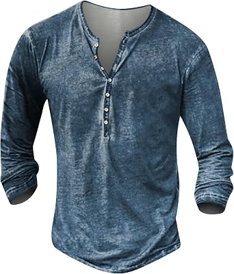 American Flag Patriotic Long Sleeve Henley Shirts for Men Button Down Vintage V Neck T Shirts Distressed Vintage Top