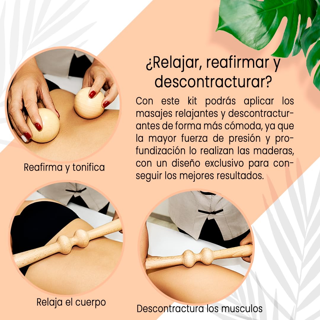 Kit Maderoterapia Relajante y Descontracturante | Maderoterapia | Ideal para masajes | Fabricados en Madera de Pino y Loto Natural I Diseñado por Maderoterapia Estética España