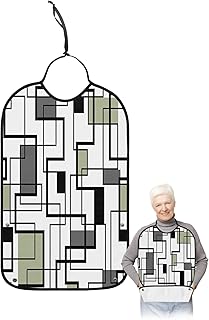 Sage Green Adult Bib for Eating with Crumb Catcher,Washable & Waterproof Terry Cloth Adjustable Elderly Women Men Adult Bibs Funny Clothing Protector Middle Century Geometric Abstract White Black Grey