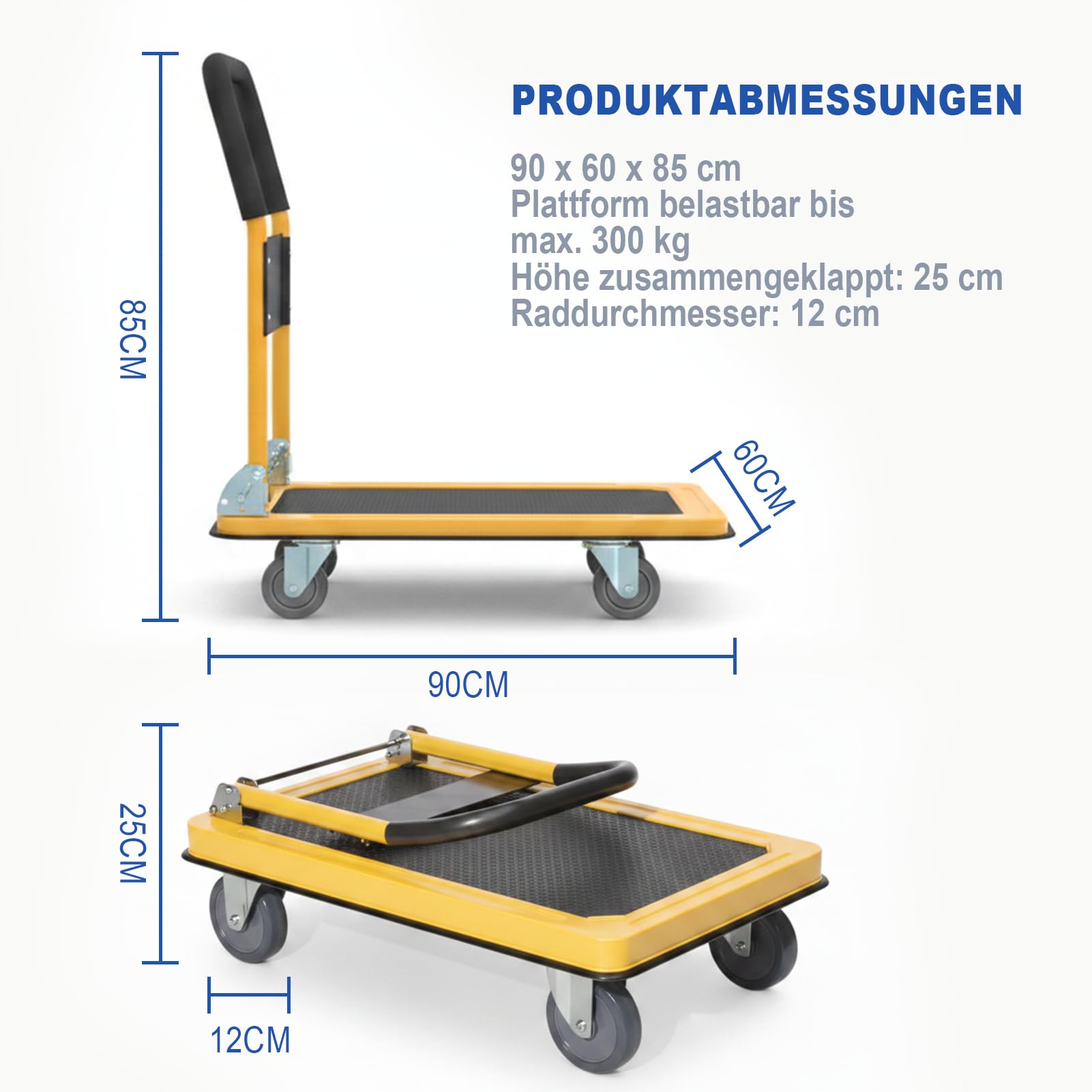 Transportwagen Klappbar, Tragkraft 300 kg, Plattformwagen 90x60cm für Umzug | Schwerlast, Stabiler Rollwagen aus Stahl mit Anti-Rutsch-Beschichtung & 12cm Rollen, Schiebewagen, Lager & Garten