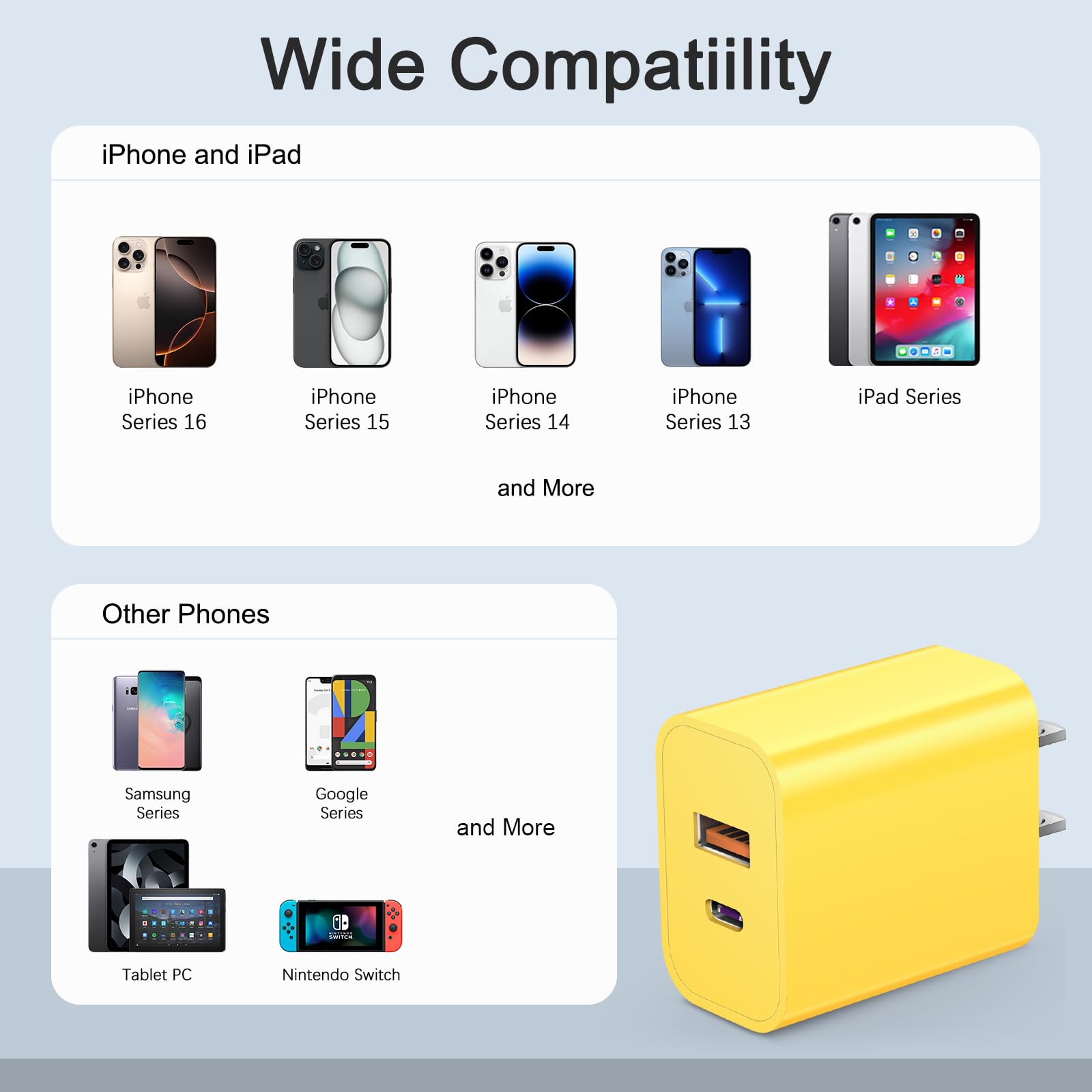 Lot de 4 blocs de charge USB C de type C, 20 W, chargeurs muraux pour iPhone 16/16 Plus/16 Pro/16 Pro Max/iPhone 15/iPhone 15 Pro/iPhone 15 Pro Max/14/13/12 Pro/Samsung//Android (jaune)