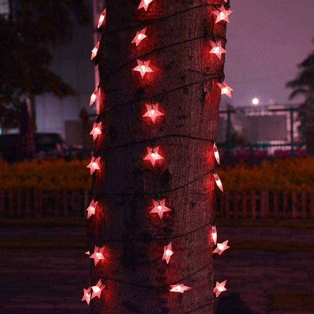Guirnalda de luces de estrella, 5 m, 50 LED, para interiores, guirnalda de luces de estrella parpadeante, USB (rojo)